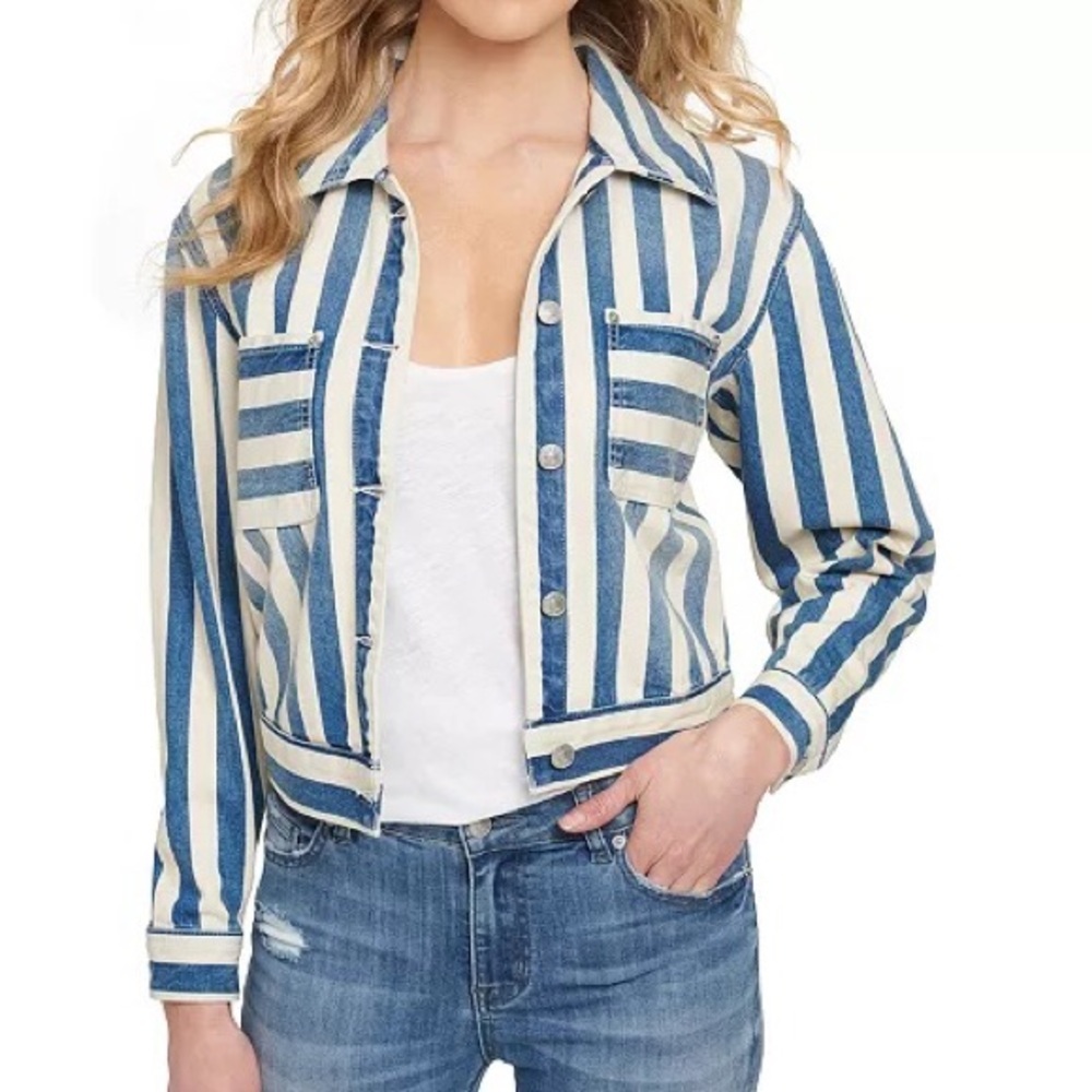 DKNY Blue and Cream Striped Cropped Denim Jacket